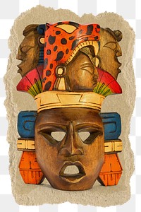 Png carved Mayan mask sticker, ripped paper on transparent background