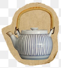Antique teapot png sticker, ripped paper on transparent background 