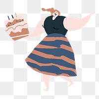 Png woman holding cake sticker, birthday illustration, transparent background