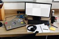 Computer screen png mockup, desk setup, transparent design