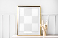 Png gold photo frame mockup, hand mannequin, transparent design