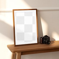 Picture frame png mockup, wooden table, transparent design