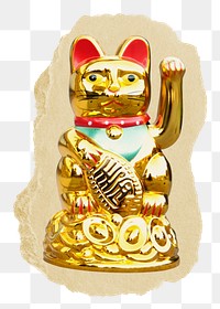 Maneki Neko png sticker, ripped paper on transparent background 