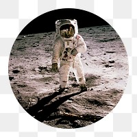 Astronaut png on the moon badge sticker, galaxy photo, transparent background