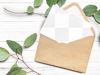 Business card png mockup, brown envelope, transparent design