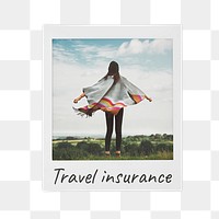 Travel insurance png instant film sticker, carefree woman rear view image on transparent background