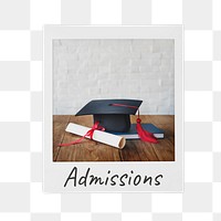 Education admissions png instant photo, graduation cap, scroll image, transparent background