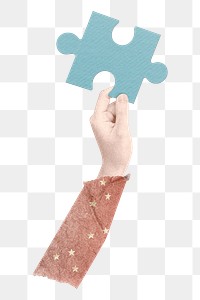 Hand holding jigsaw png sticker, transparent background