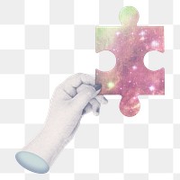 Hand holding jigsaw png sticker, transparent background