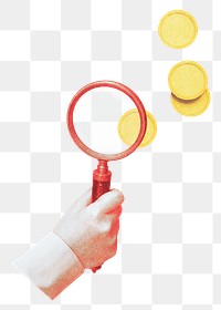 Hand holding magnifying glass png sticker, transparent background