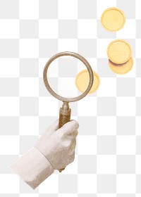 Hand holding magnifying glass png sticker, transparent background