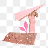 Hand holding paper plane png sticker, transparent background