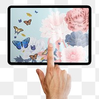 Hand touching tablet png sticker, flower & butterfly design, transparent background