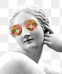 Greek goddess png sculpture wearing floral sunglasses, transparent background