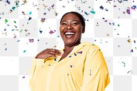 Happy black png woman, birthday celebration confetti, transparent background