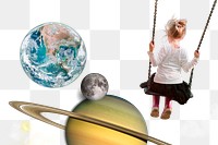 Png kid in space collage art, surreal remixed media, transparent background