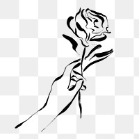 Png hand holding rose sticker, ink brush  design transparent background