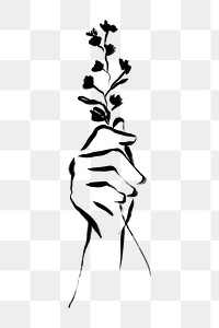 Png hand holding flower sticker, ink brush  design transparent background