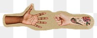 Png hands playing rock-paper-scissors sticker, ripped paper on transparent background