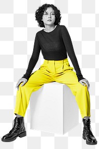 Png pants fashion sticker, Asian model, transparent background