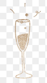 Champagne glass png sticker, gold glitter design, transparent background