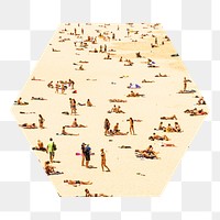 Png people at the beach badge sticker, Summer photo in hexagon shape, transparent background