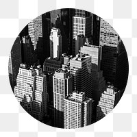 Grayscale buildings png badge sticker, city photo, transparent background