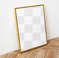 Png gold picture frame mockup, wooden floor, transparent design