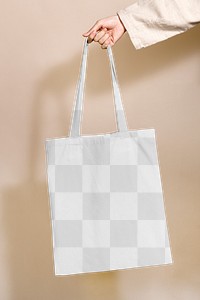 Tote bag png mockup, beige aesthetic, transparent design