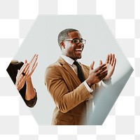 Png black businessman clapping badge sticker, success photo in hexagon shape, transparent background