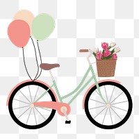 Bicycle with balloon and flower basket png illustration, transparent background. Free public domain CC0 image.