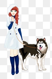 Girl with husky png illustration, transparent background. Free public domain CC0 image.