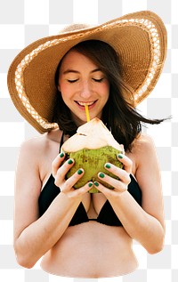Png woman drinking coconut juice sticker, transparent background