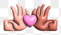 Teamwork 3D illustration png, hands pushing heart towards each other, transparent background