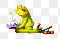 Frog png holding birthday cake, transparent background
