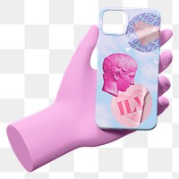 Png hand holding phone case sticker, 3D rendering, transparent background