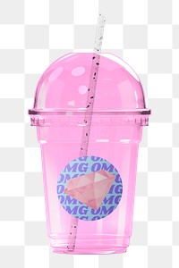 Png pink plastic cup sticker, 3D rendering, transparent background