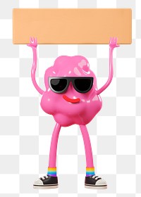 Png gum monster holding sign sticker, 3D rendering, transparent background