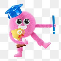 Png cute monster graduation sticker, 3D rendering, transparent background