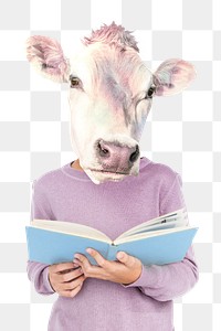 Cow-headed png man sticker, reading book, transparent background