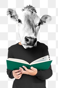 Cow-headed png man sticker, reading book, transparent background