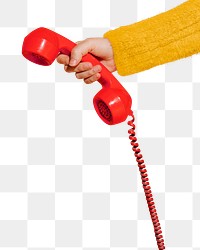 Hand holding telephone png sticker, transparent background