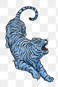 Roaring tiger png sticker, blue vintage animal illustration, transparent background