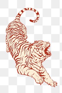 Roaring tiger png sticker, vintage animal illustration, transparent background