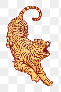 Roaring tiger png sticker, gold vintage animal illustration, transparent background