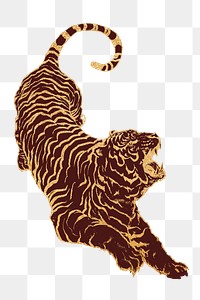 Roaring tiger png sticker, gold vintage animal illustration, transparent background