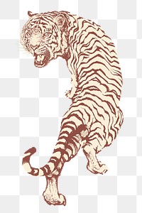 Roaring tiger png sticker, vintage animal illustration, transparent background