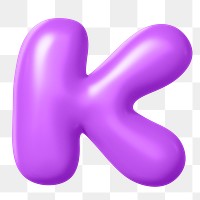 3D K png sticker, purple balloon English alphabet, transparent background