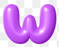 3D W png sticker, purple balloon English alphabet, transparent background