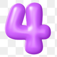 3D 4 png number sticker, purple balloon texture, transparent background